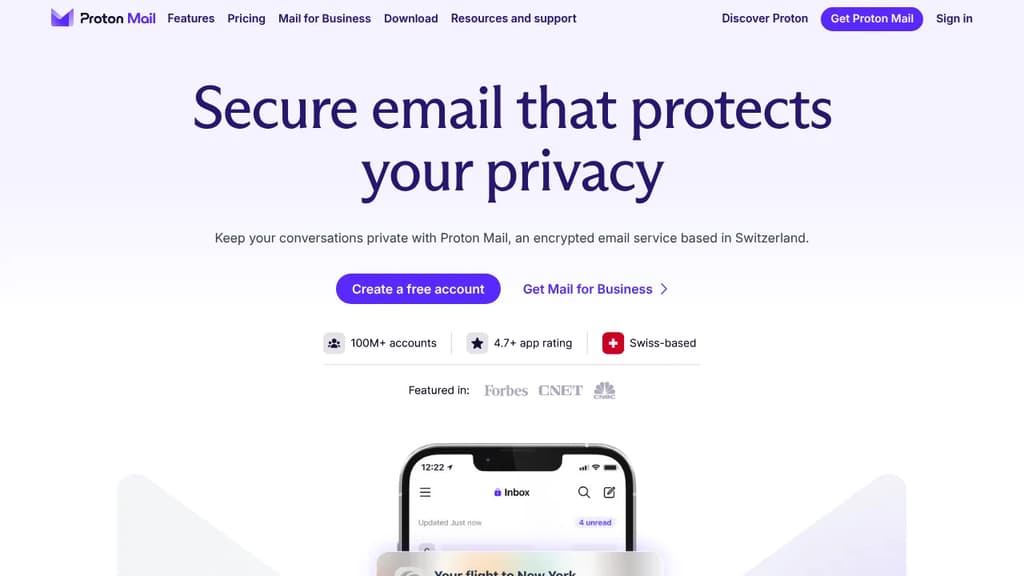 Screenshot of Proton Mail website