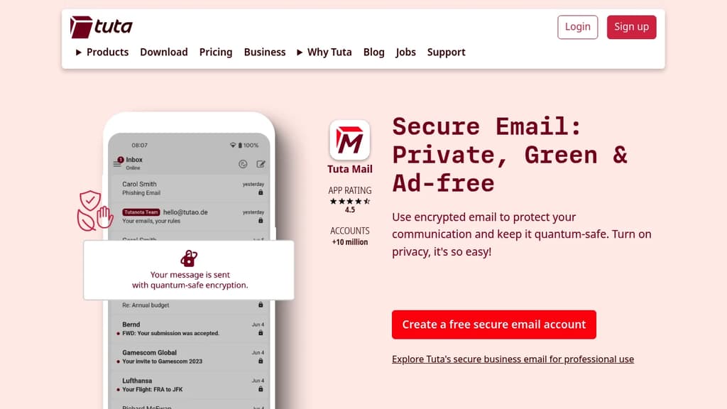 Screenshot of Tuta Mail website